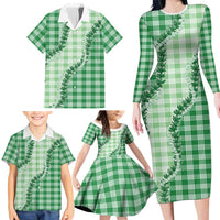 Green Hawaii Palaka Family Matching Long Sleeve Bodycon Dress and Hawaiian Shirt Hawaiian Pikake Lei