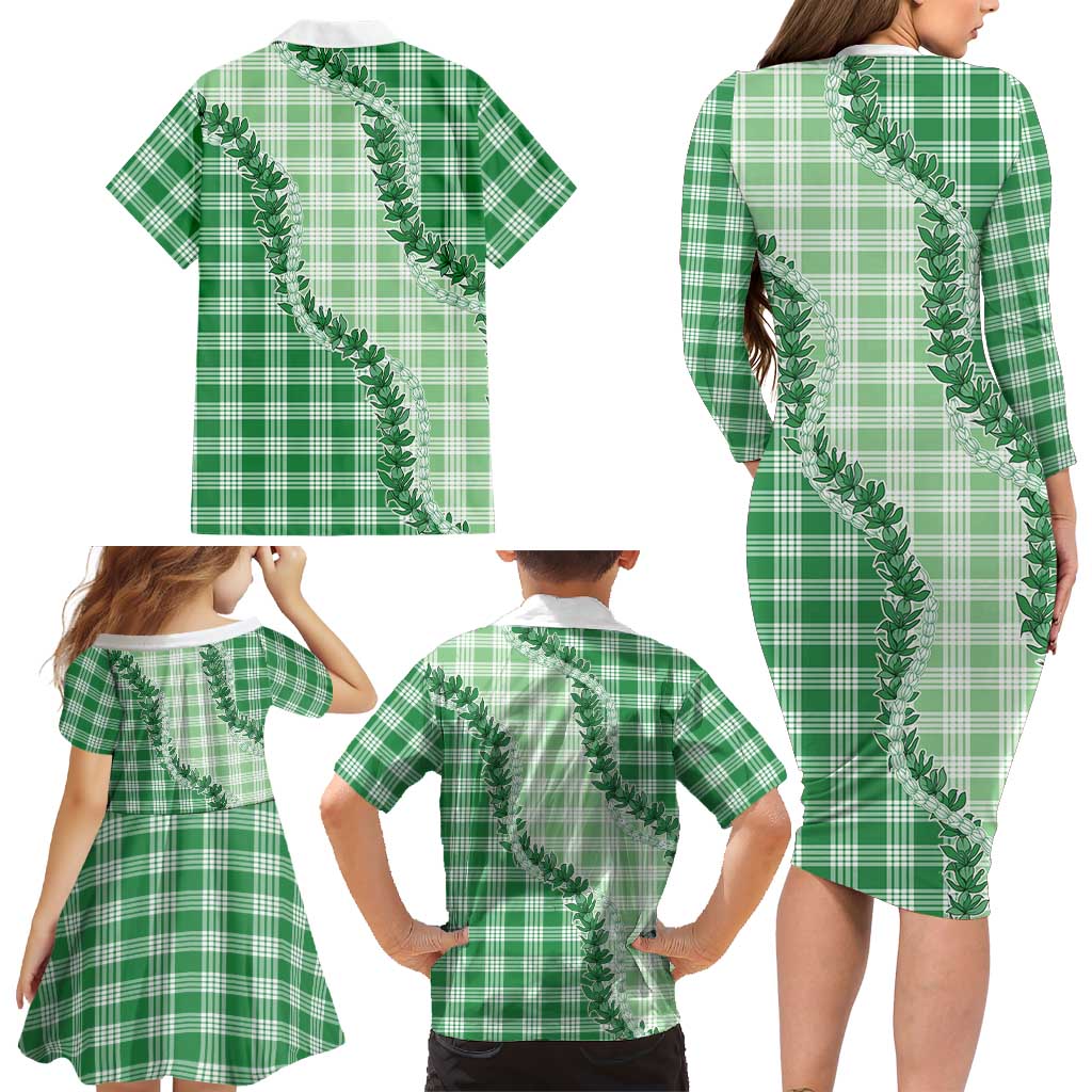 Green Hawaii Palaka Family Matching Long Sleeve Bodycon Dress and Hawaiian Shirt Hawaiian Pikake Lei