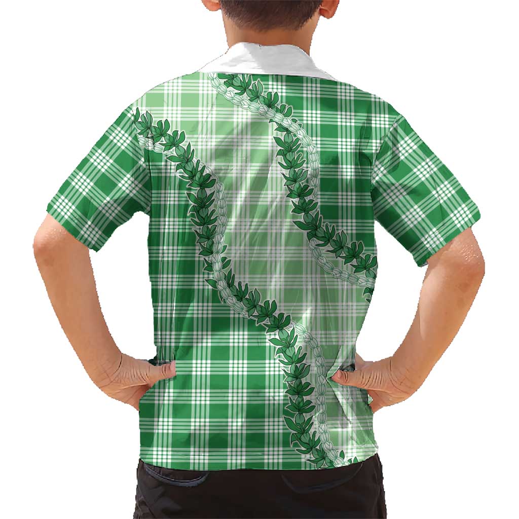 Green Hawaii Palaka Family Matching Off Shoulder Short Dress and Hawaiian Shirt Hawaiian Pikake Lei