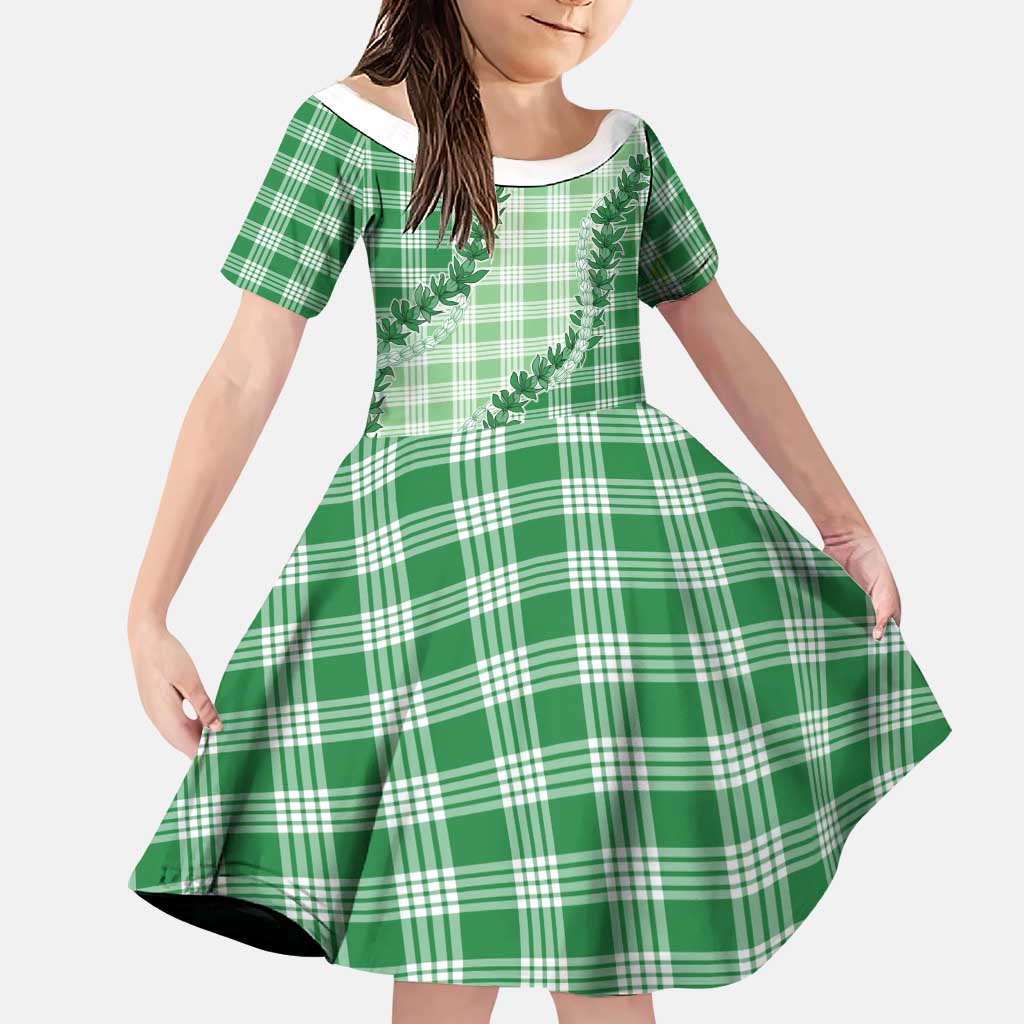Green Hawaii Palaka Family Matching Off Shoulder Short Dress and Hawaiian Shirt Hawaiian Pikake Lei