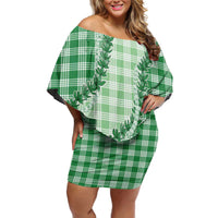 Green Hawaii Palaka Family Matching Off Shoulder Short Dress and Hawaiian Shirt Hawaiian Pikake Lei