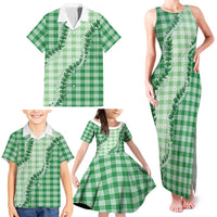 Green Hawaii Palaka Family Matching Tank Maxi Dress and Hawaiian Shirt Hawaiian Pikake Lei