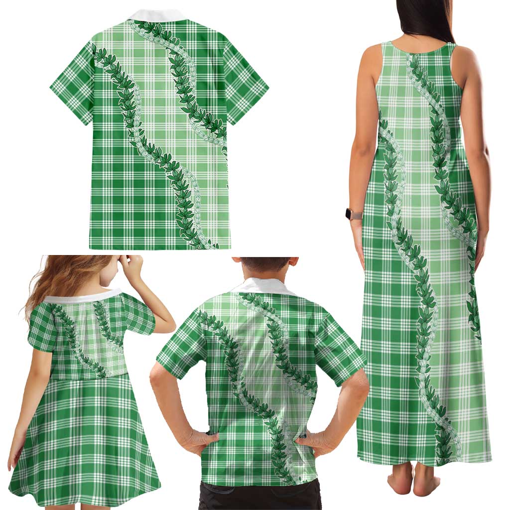 Green Hawaii Palaka Family Matching Tank Maxi Dress and Hawaiian Shirt Hawaiian Pikake Lei