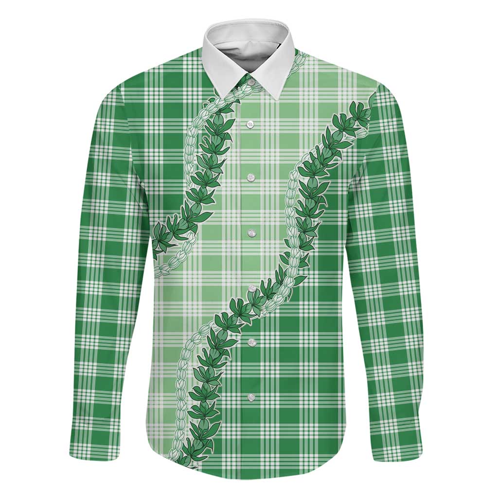 Green Hawaii Palaka Family Matching Tank Maxi Dress and Hawaiian Shirt Hawaiian Pikake Lei