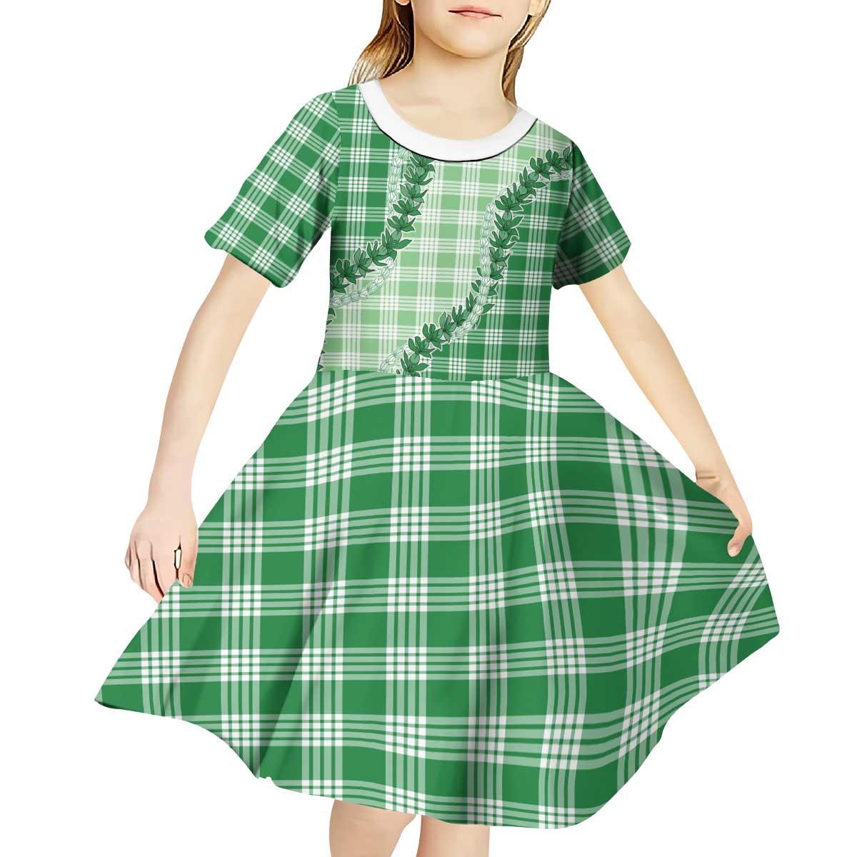 Green Hawaii Palaka Kid Short Sleeve Dress Hawaiian Pikake Lei LT05 - Polynesian Pride