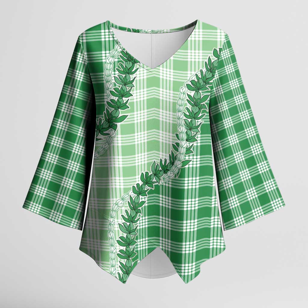 Green Hawaii Palaka Kimono Sleeve Blouse Hawaiian Pikake Lei