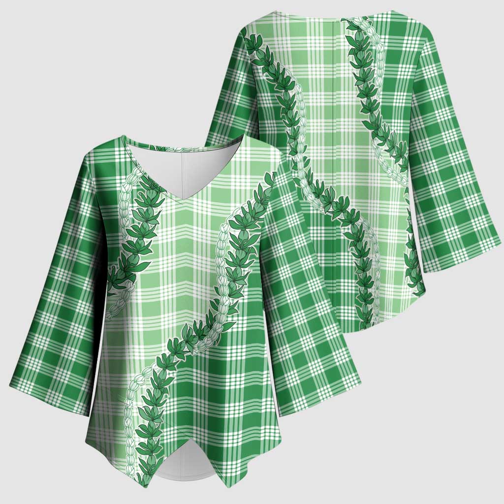 Green Hawaii Palaka Kimono Sleeve Blouse Hawaiian Pikake Lei LT05 - Polynesian Pride
