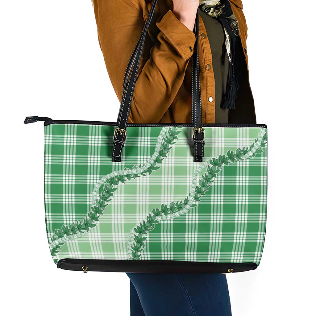 Green Hawaii Palaka Leather Tote Bag Hawaiian Pikake Lei LT05 - Polynesian Pride