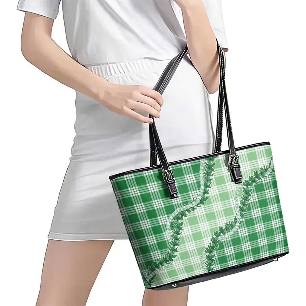 Green Hawaii Palaka Leather Tote Bag Hawaiian Pikake Lei LT05 - Polynesian Pride