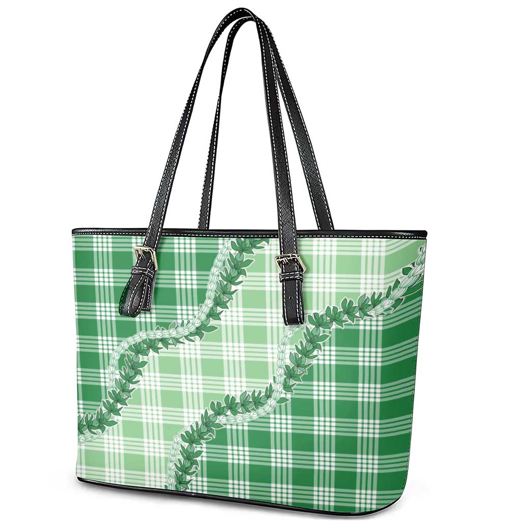 Green Hawaii Palaka Leather Tote Bag Hawaiian Pikake Lei LT05 - Polynesian Pride