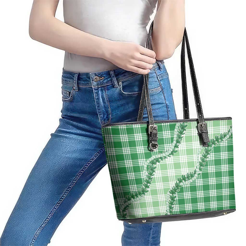 Green Hawaii Palaka Leather Tote Bag Hawaiian Pikake Lei LT05 - Polynesian Pride