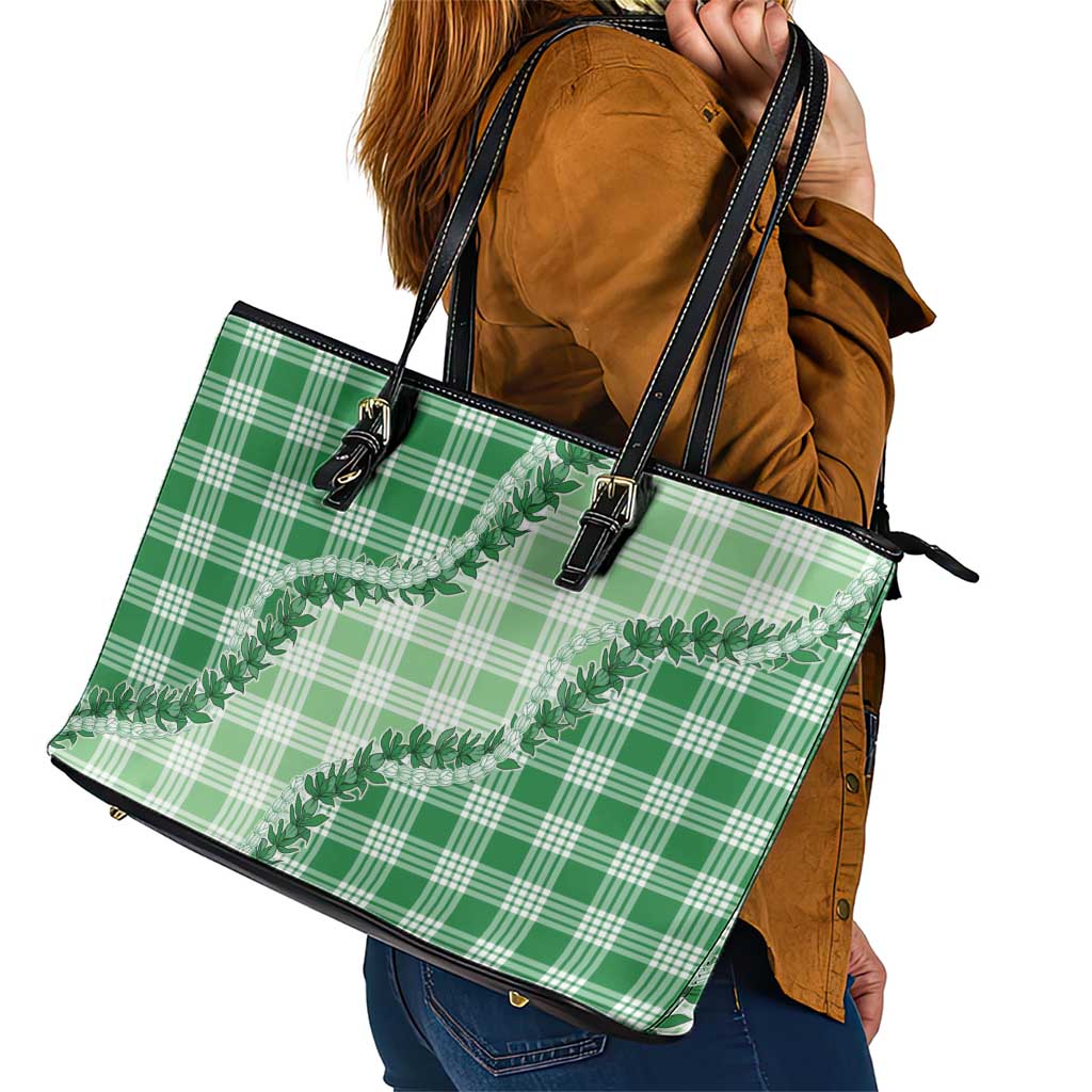 Green Hawaii Palaka Leather Tote Bag Hawaiian Pikake Lei LT05 - Polynesian Pride