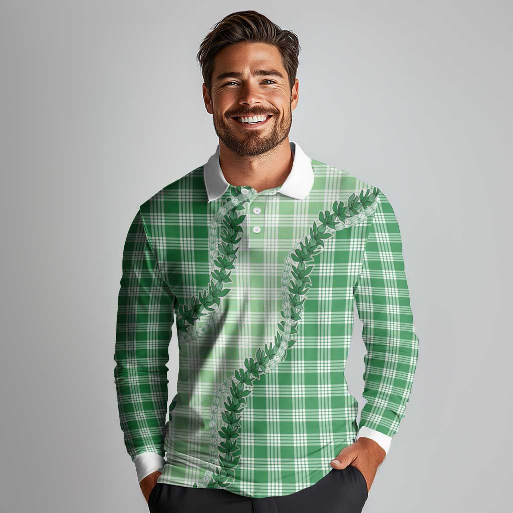 Green Hawaii Palaka Long Sleeve Polo Shirt Hawaiian Pikake Lei LT05 - Polynesian Pride