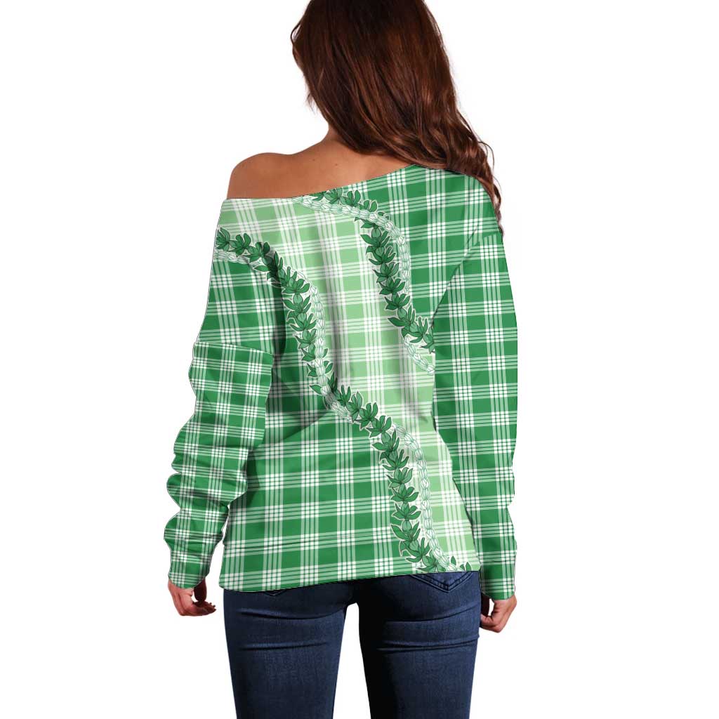Green Hawaii Palaka Off Shoulder Sweater Hawaiian Pikake Lei LT05 - Polynesian Pride