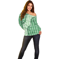 Green Hawaii Palaka Off Shoulder Sweater Hawaiian Pikake Lei LT05 - Polynesian Pride