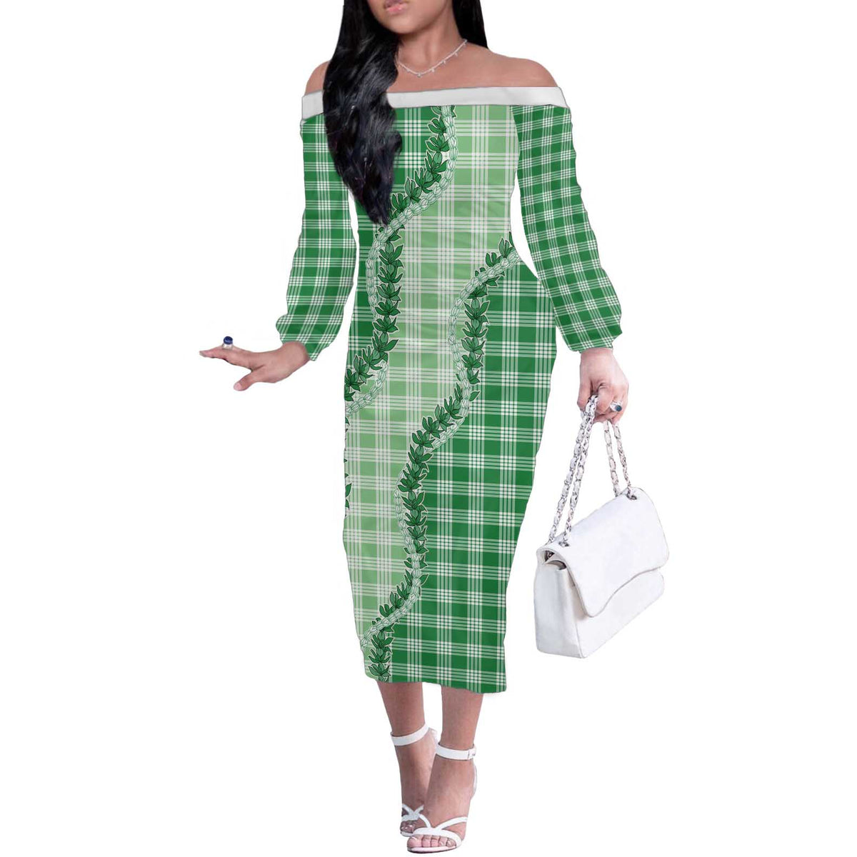 Green Hawaii Palaka Off The Shoulder Long Sleeve Dress Hawaiian Pikake Lei LT05 Women Green - Polynesian Pride