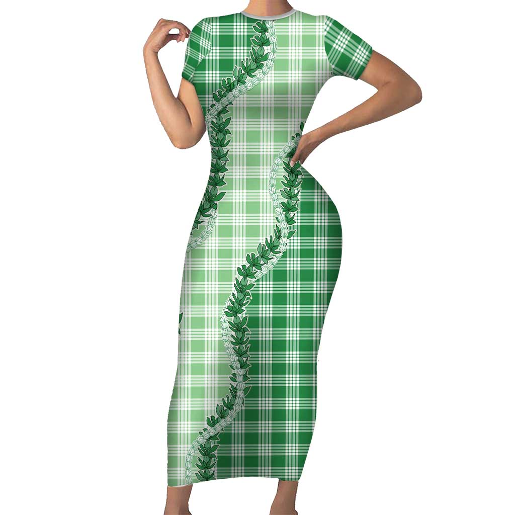 Green Hawaii Palaka Short Sleeve Bodycon Dress Hawaiian Pikake Lei LT05 Long Dress Green - Polynesian Pride