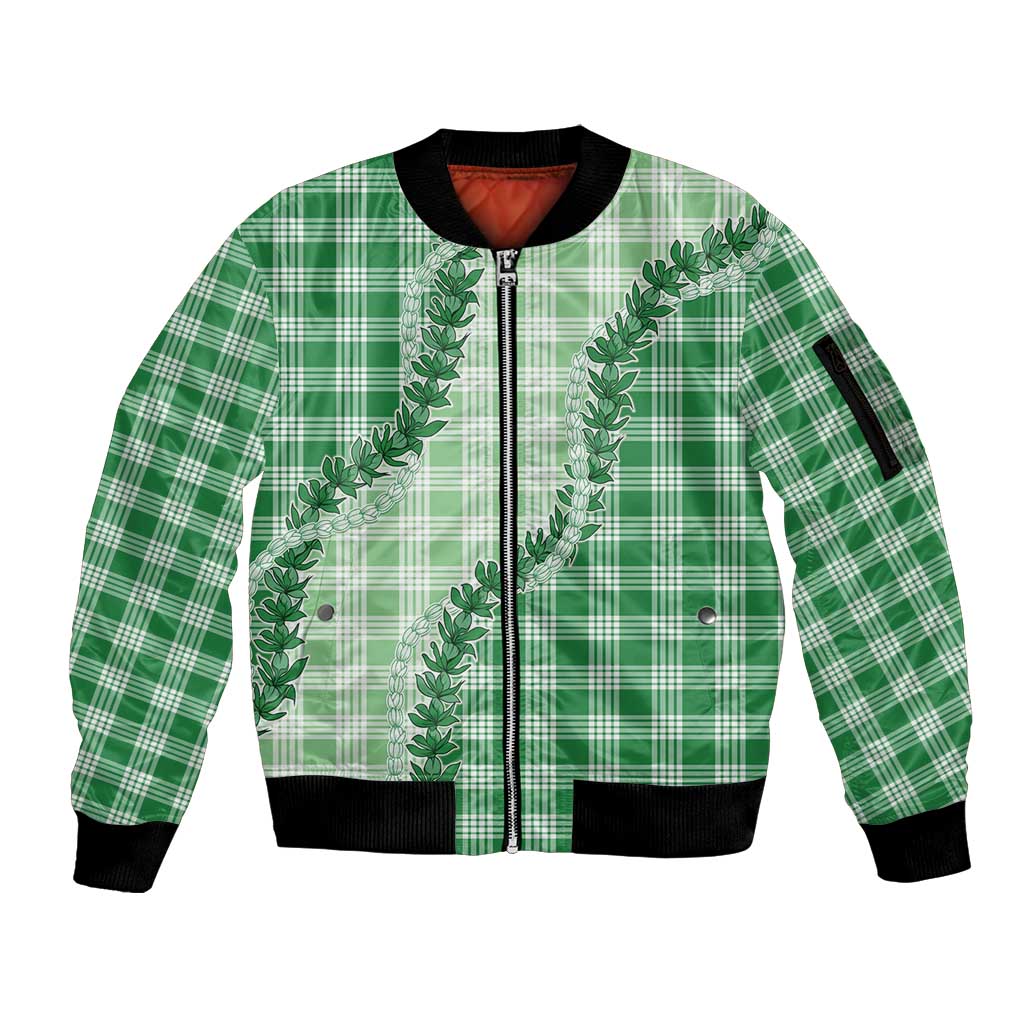 Green Hawaii Palaka Sleeve Zip Bomber Jacket Hawaiian Pikake Lei LT05 Unisex Green - Polynesian Pride