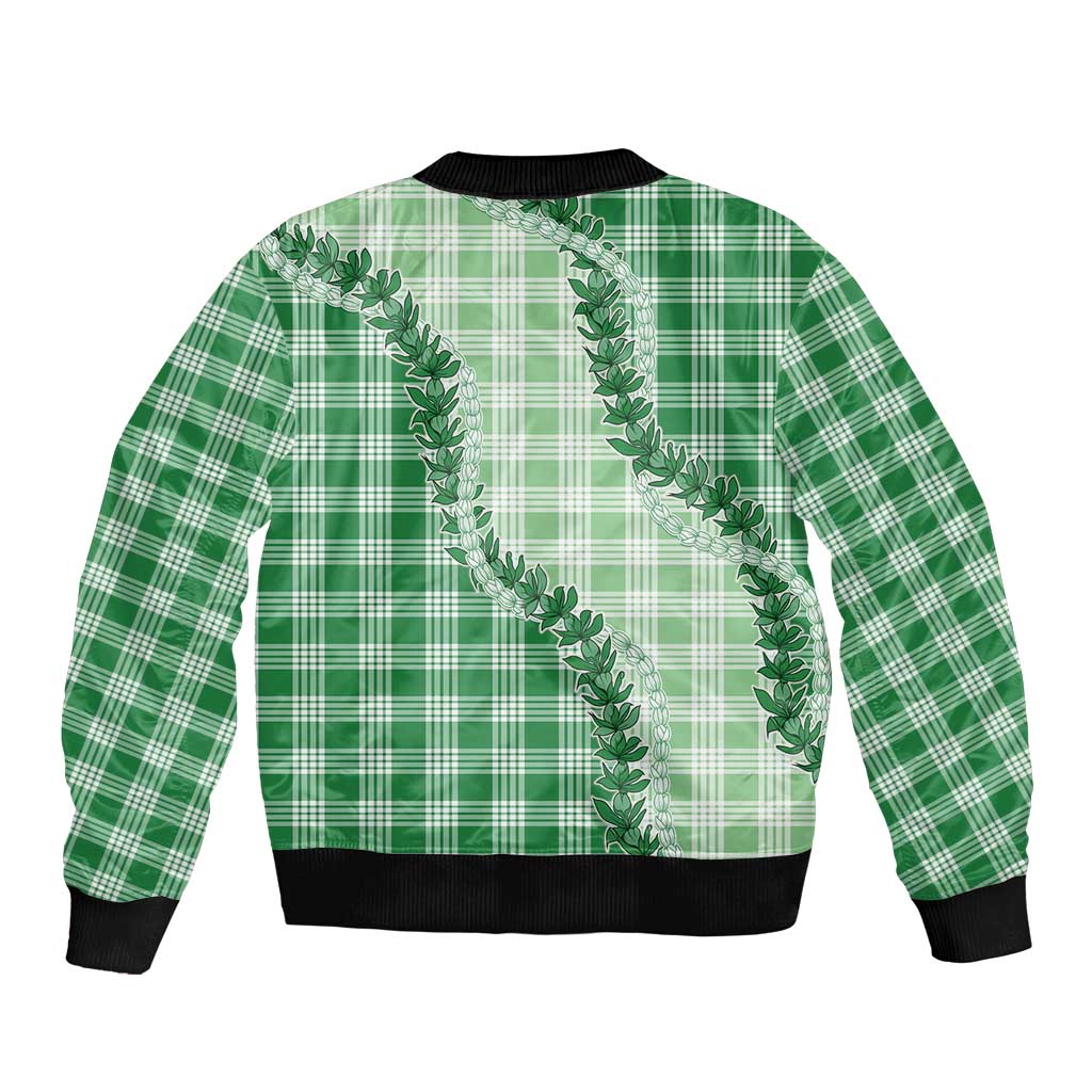 Green Hawaii Palaka Sleeve Zip Bomber Jacket Hawaiian Pikake Lei LT05 - Polynesian Pride