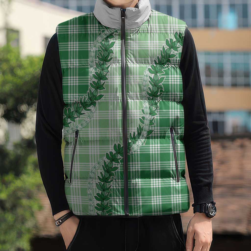Green Hawaii Palaka Sleeveless Puffer Jacket Hawaiian Pikake Lei LT05 - Polynesian Pride