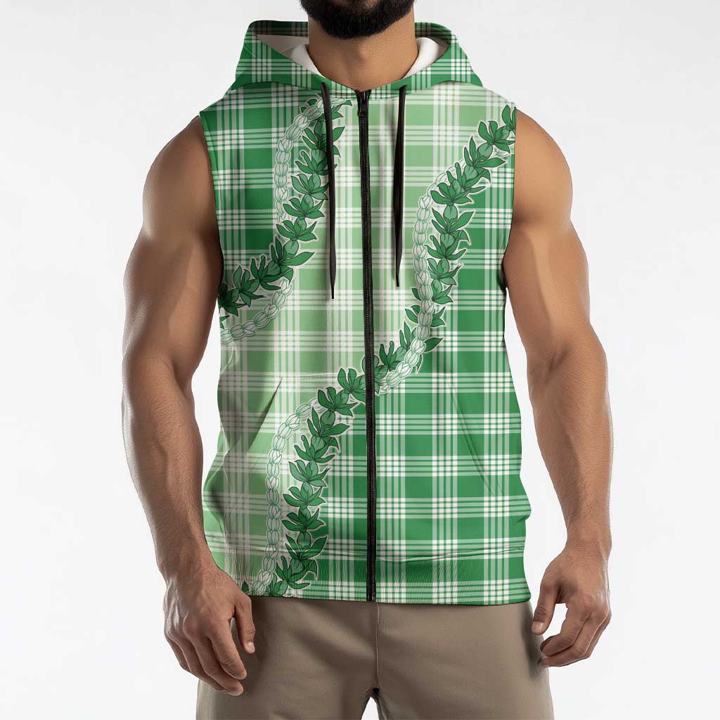 Green Hawaii Palaka Sleeveless Zip Hoodie Hawaiian Pikake Lei LT05 - Polynesian Pride