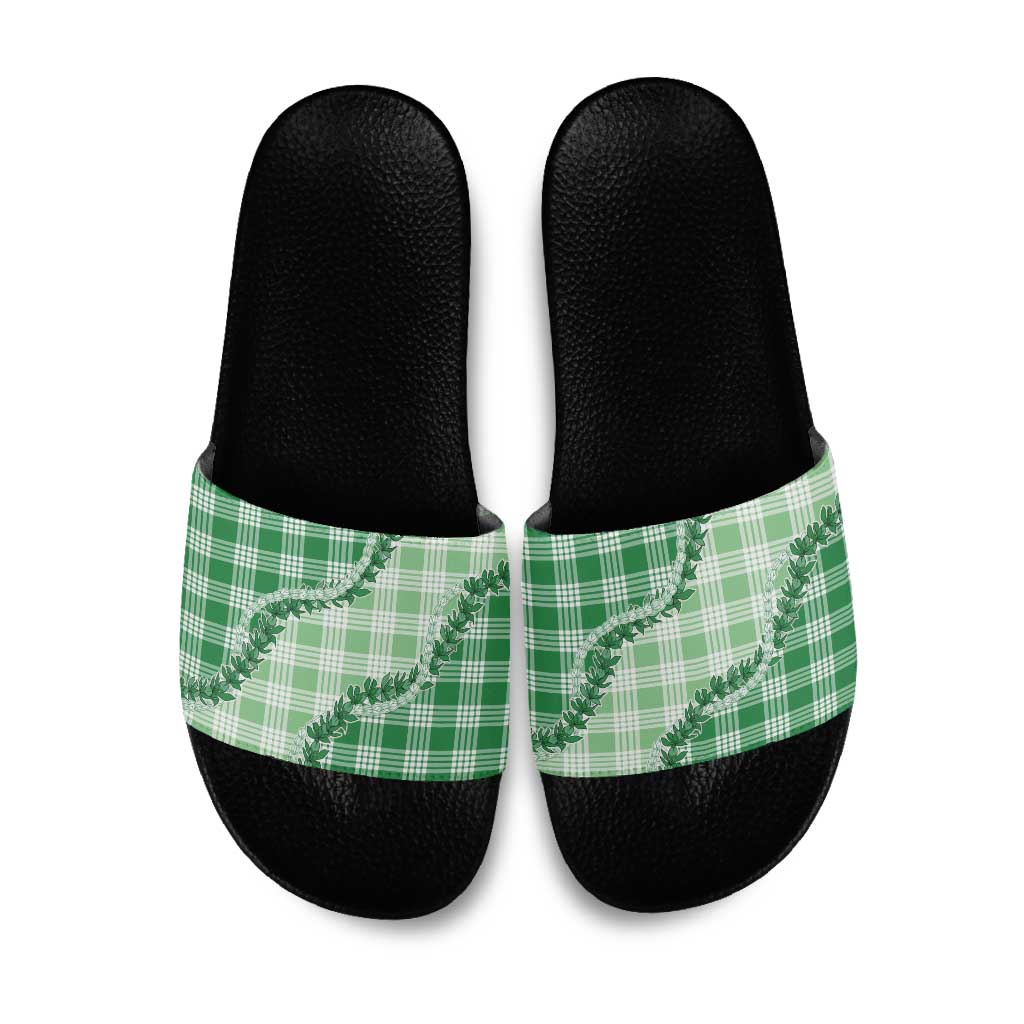 Green Hawaii Palaka Slide Sandals Hawaiian Pikake Lei