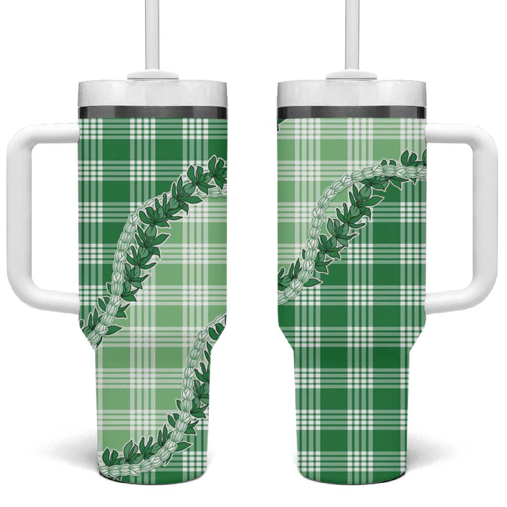 Green Hawaii Palaka Tumbler With Handle Hawaiian Pikake Lei LT05 One Size: 40 oz Green - Polynesian Pride