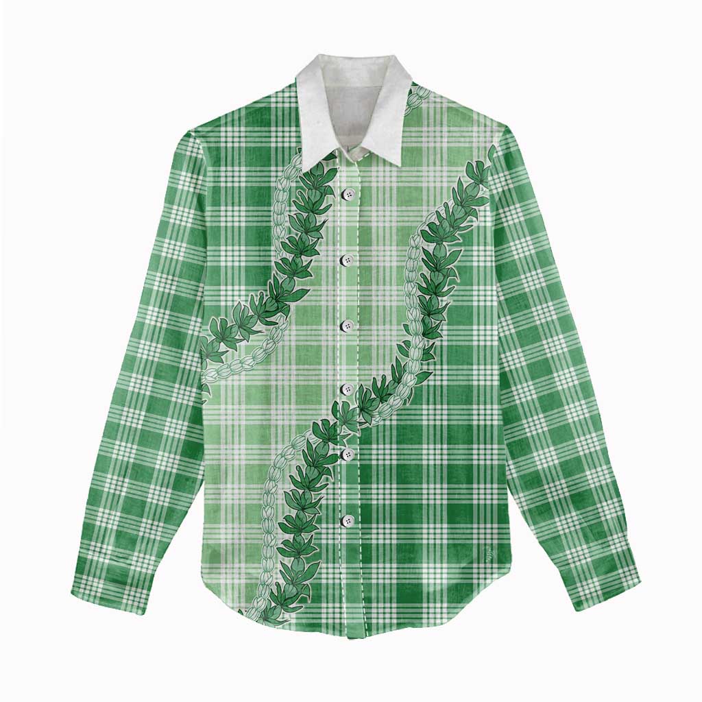Green Hawaii Palaka Women Casual Shirt Hawaiian Pikake Lei LT05 - Polynesian Pride