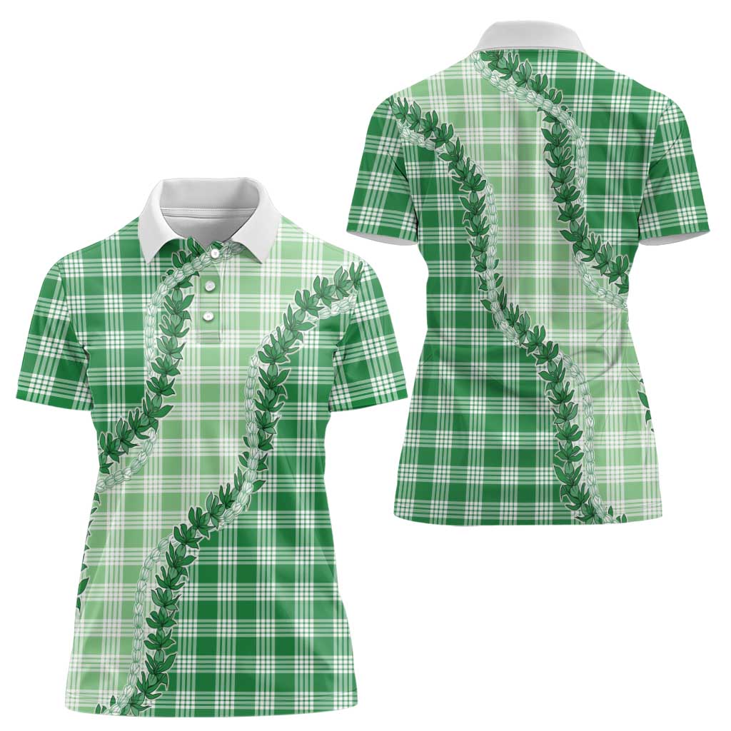 Green Hawaii Palaka Women Polo Shirt Hawaiian Pikake Lei LT05 - Polynesian Pride