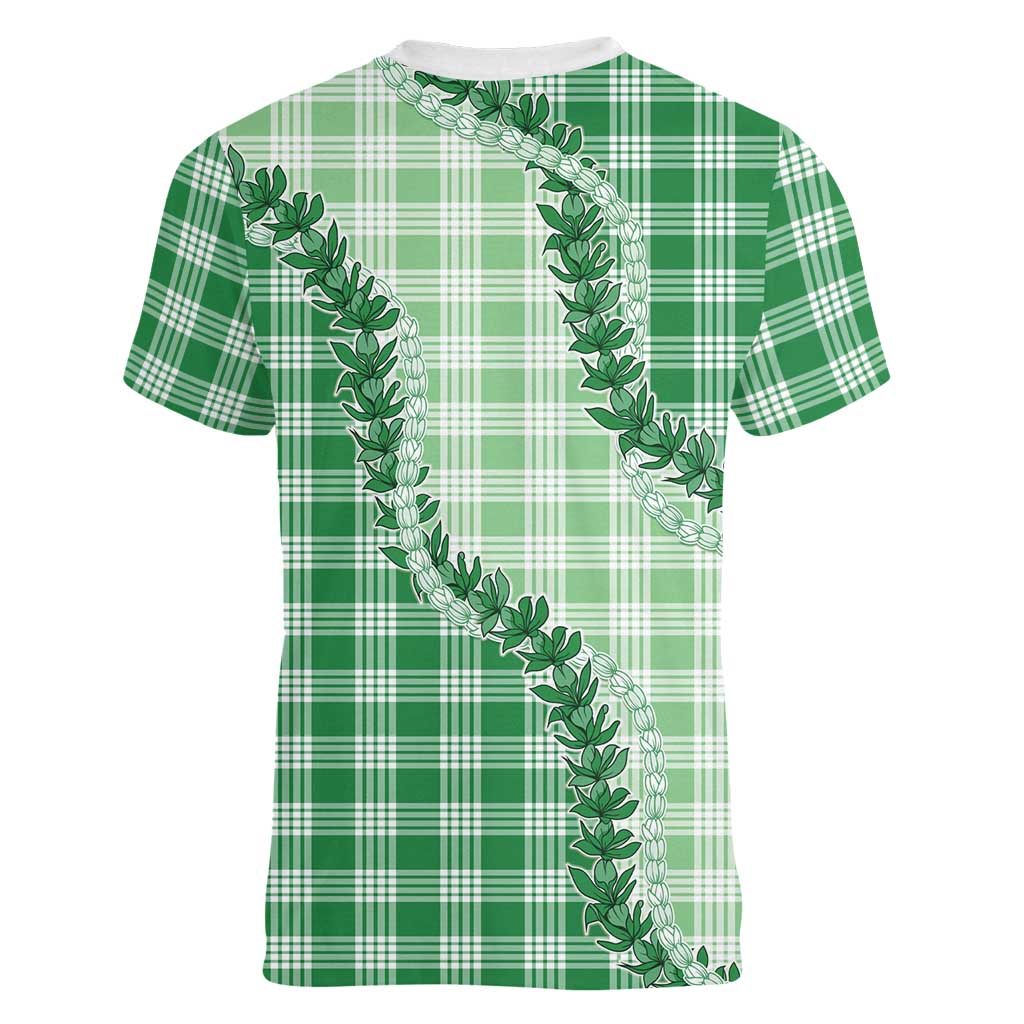 Green Hawaii Palaka Women V-Neck T-Shirt Hawaiian Pikake Lei LT05 - Polynesian Pride