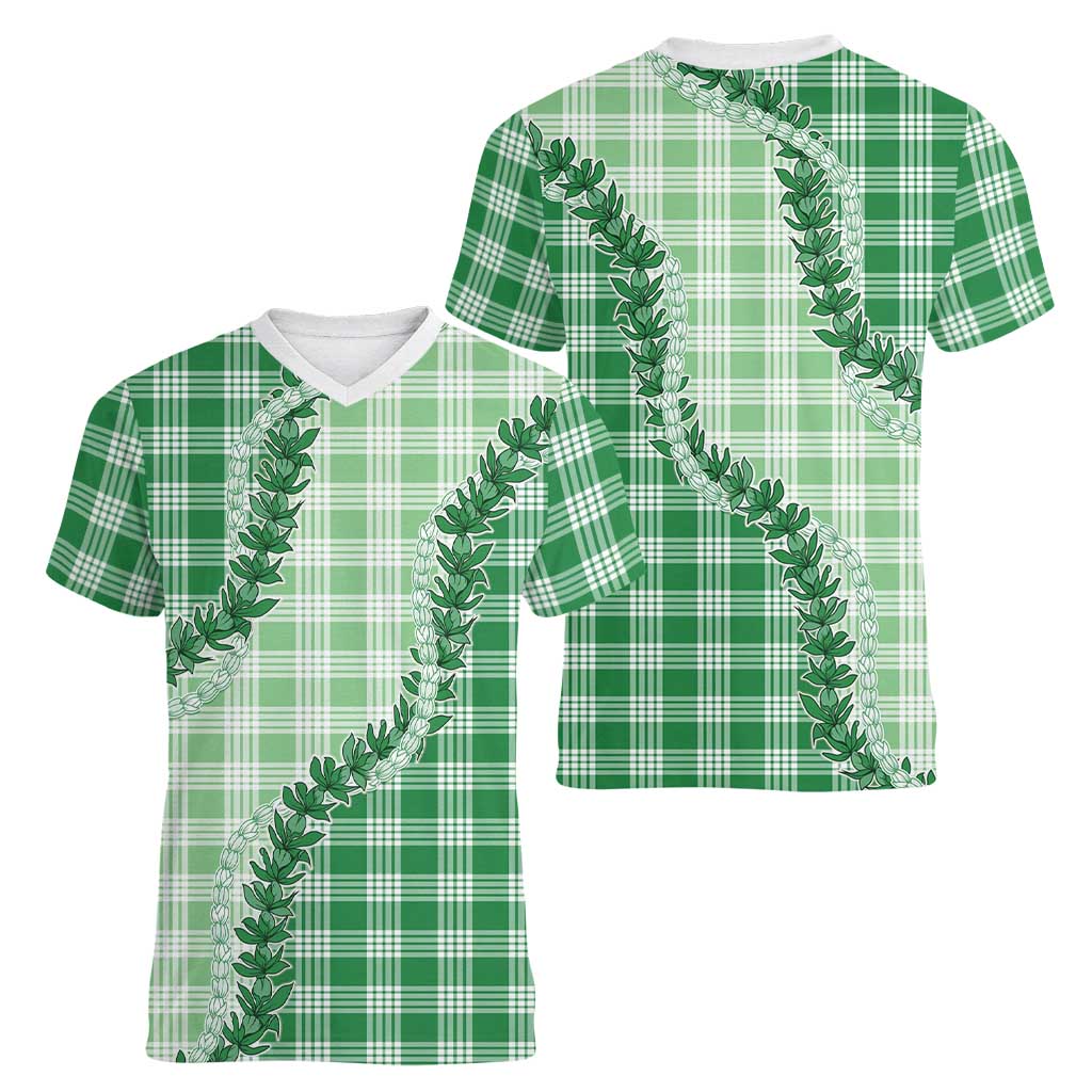 Green Hawaii Palaka Women V-Neck T-Shirt Hawaiian Pikake Lei LT05 - Polynesian Pride