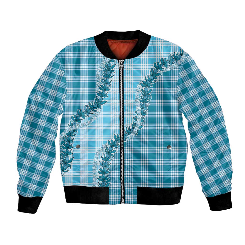 Blue Hawaii Palaka Bomber Jacket Hawaiian Pikake Lei LT05 Unisex Blue - Polynesian Pride
