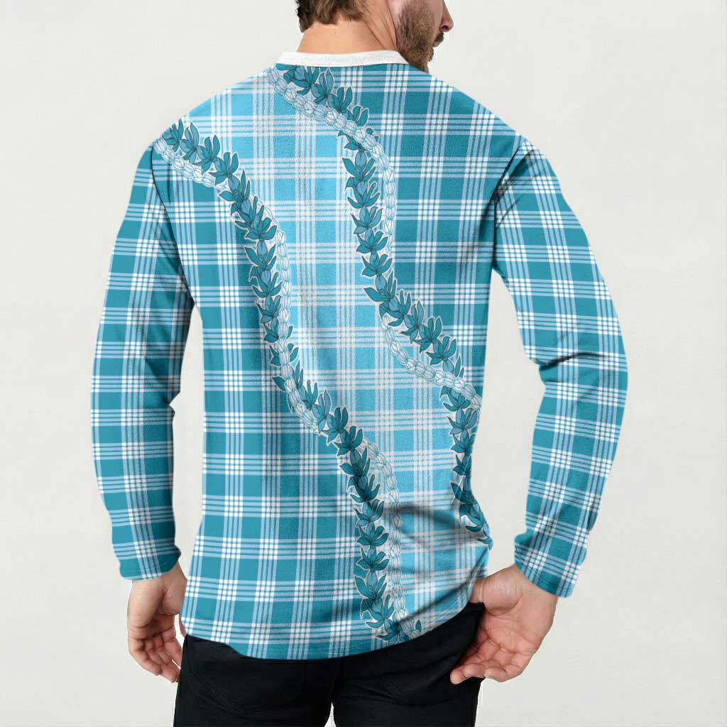 Blue Hawaii Palaka Button Sweatshirt Hawaiian Pikake Lei LT05 - Polynesian Pride