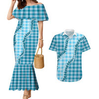 Blue Hawaii Palaka Couples Matching Mermaid Dress and Hawaiian Shirt Hawaiian Pikake Lei