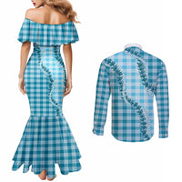 Blue Hawaii Palaka Couples Matching Mermaid Dress and Long Sleeve Button Shirt Hawaiian Pikake Lei LT05 - Polynesian Pride