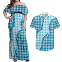 Blue Hawaii Palaka Couples Matching Off Shoulder Maxi Dress and Hawaiian Shirt Hawaiian Pikake Lei LT05 Blue - Polynesian Pride
