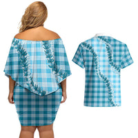 Blue Hawaii Palaka Couples Matching Off Shoulder Short Dress and Hawaiian Shirt Hawaiian Pikake Lei LT05 - Polynesian Pride
