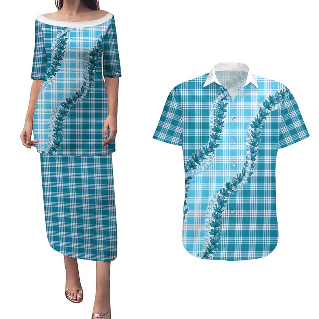 Blue Hawaii Palaka Couples Matching Puletasi and Hawaiian Shirt Hawaiian Pikake Lei LT05 Blue - Polynesian Pride