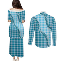 Blue Hawaii Palaka Couples Matching Puletasi and Long Sleeve Button Shirt Hawaiian Pikake Lei LT05 - Polynesian Pride