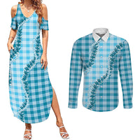 Blue Hawaii Palaka Couples Matching Summer Maxi Dress and Long Sleeve Button Shirt Hawaiian Pikake Lei LT05 Blue - Polynesian Pride