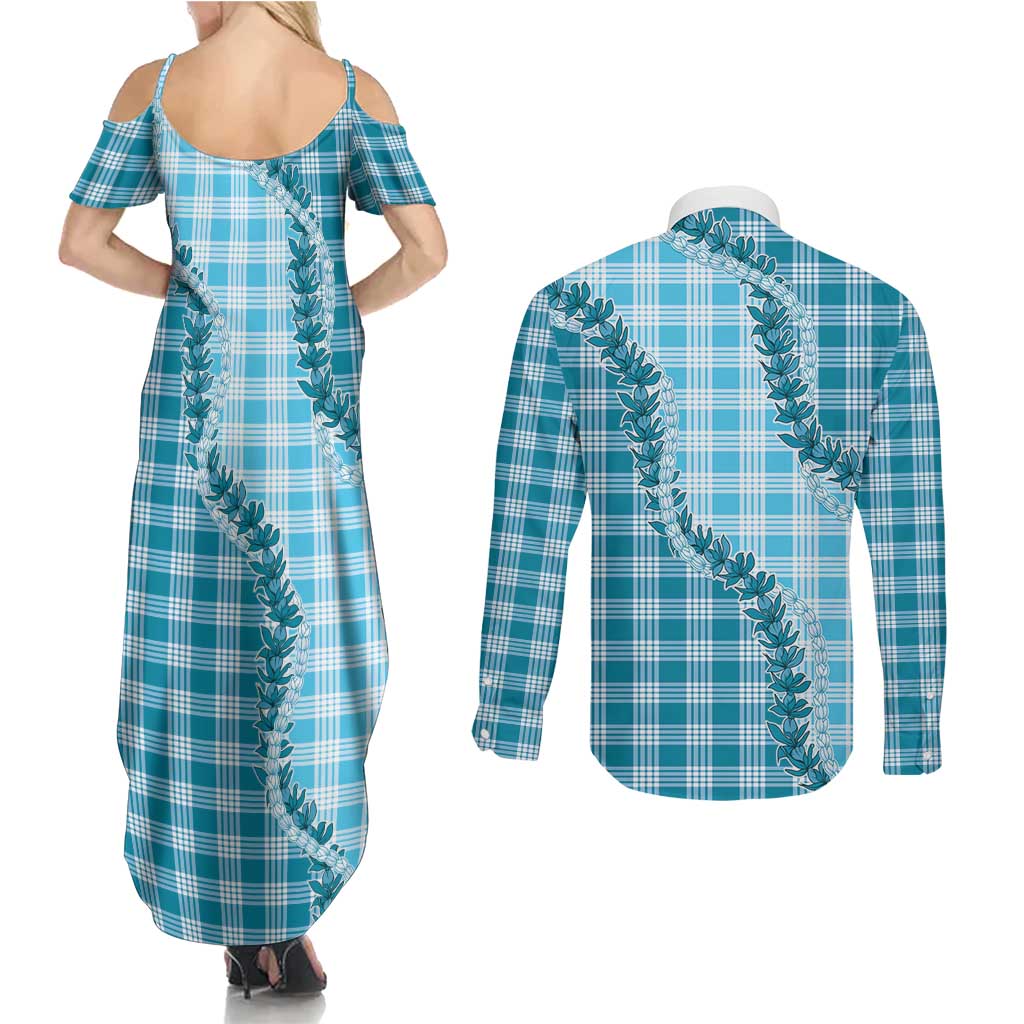Blue Hawaii Palaka Couples Matching Summer Maxi Dress and Long Sleeve Button Shirt Hawaiian Pikake Lei LT05 - Polynesian Pride