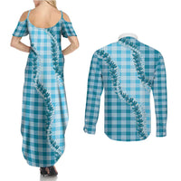 Blue Hawaii Palaka Couples Matching Summer Maxi Dress and Long Sleeve Button Shirt Hawaiian Pikake Lei LT05 - Polynesian Pride