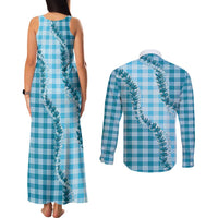 Blue Hawaii Palaka Couples Matching Tank Maxi Dress and Long Sleeve Button Shirt Hawaiian Pikake Lei LT05 - Polynesian Pride