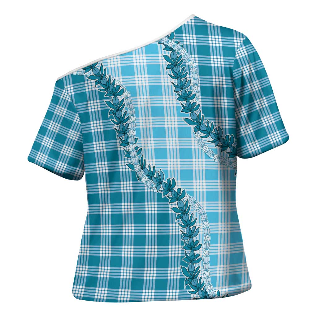 Blue Hawaii Palaka Cross Shoulder Shirt Hawaiian Pikake Lei LT05 - Polynesian Pride