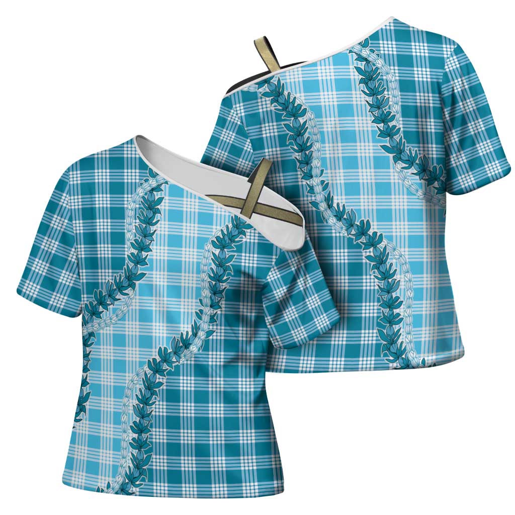 Blue Hawaii Palaka Cross Shoulder Shirt Hawaiian Pikake Lei LT05 - Polynesian Pride