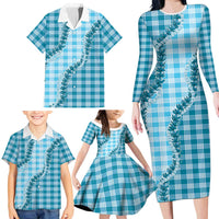 Blue Hawaii Palaka Family Matching Long Sleeve Bodycon Dress and Hawaiian Shirt Hawaiian Pikake Lei
