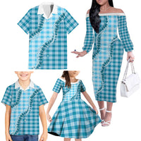 Blue Hawaii Palaka Family Matching Off The Shoulder Long Sleeve Dress and Hawaiian Shirt Hawaiian Pikake Lei