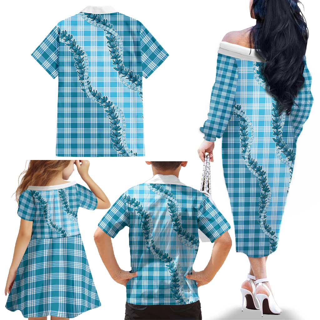 Blue Hawaii Palaka Family Matching Off The Shoulder Long Sleeve Dress and Hawaiian Shirt Hawaiian Pikake Lei