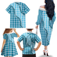 Blue Hawaii Palaka Family Matching Off The Shoulder Long Sleeve Dress and Hawaiian Shirt Hawaiian Pikake Lei