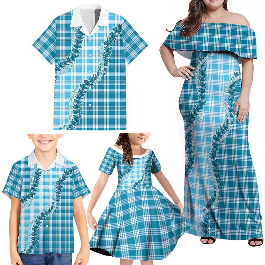 Blue Hawaii Palaka Family Matching Off Shoulder Maxi Dress and Hawaiian Shirt Hawaiian Pikake Lei LT05 - Polynesian Pride